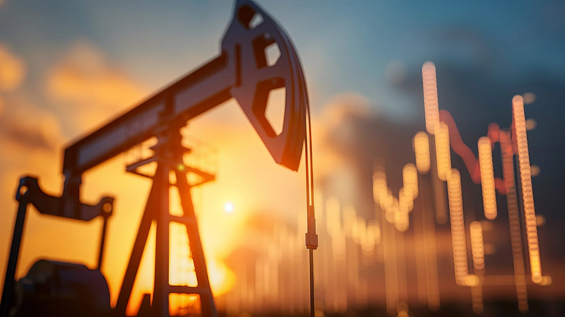 A large oil rig in an open field at sundown