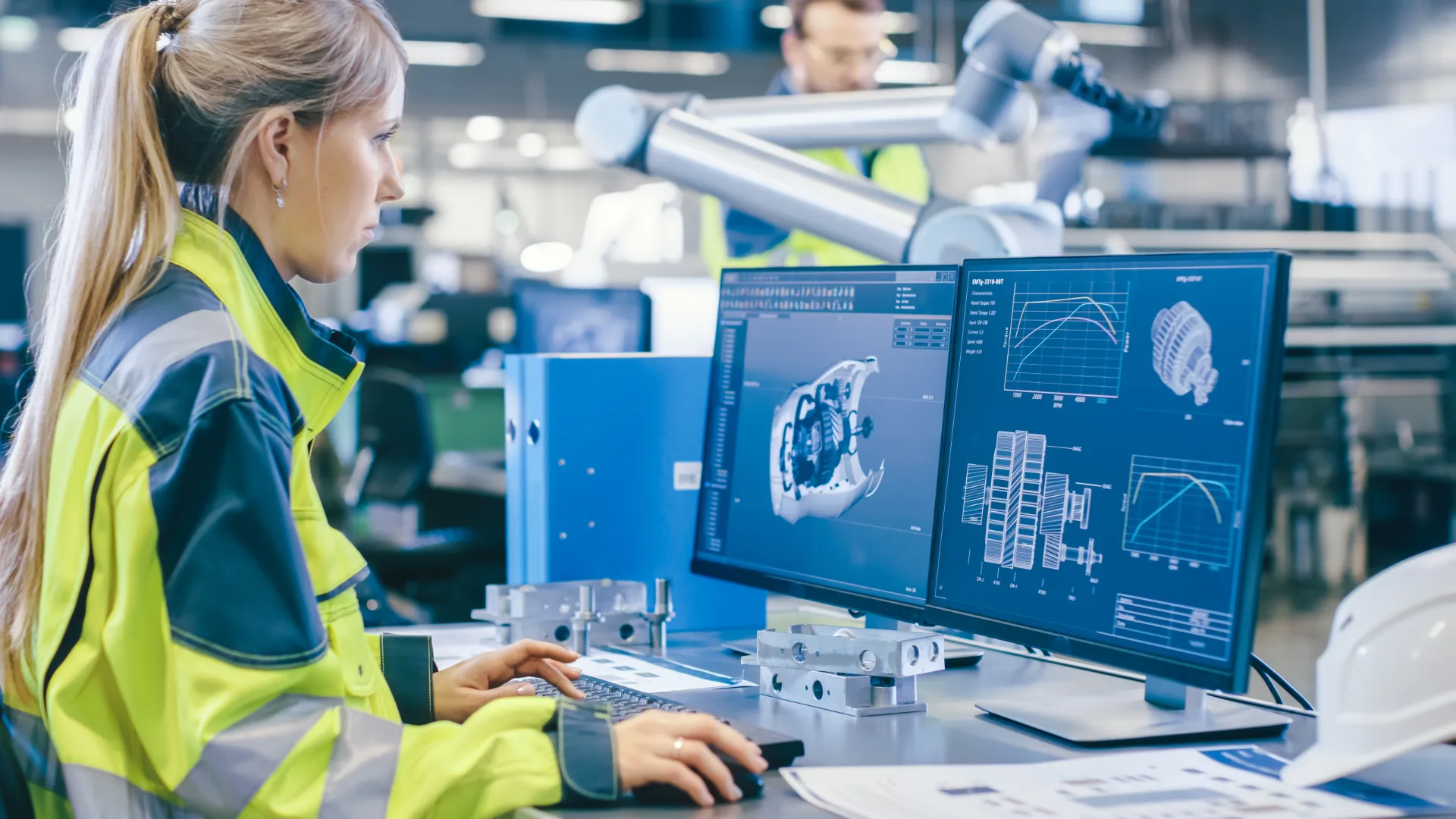 A woman working at a computer in the middle of a factory floor