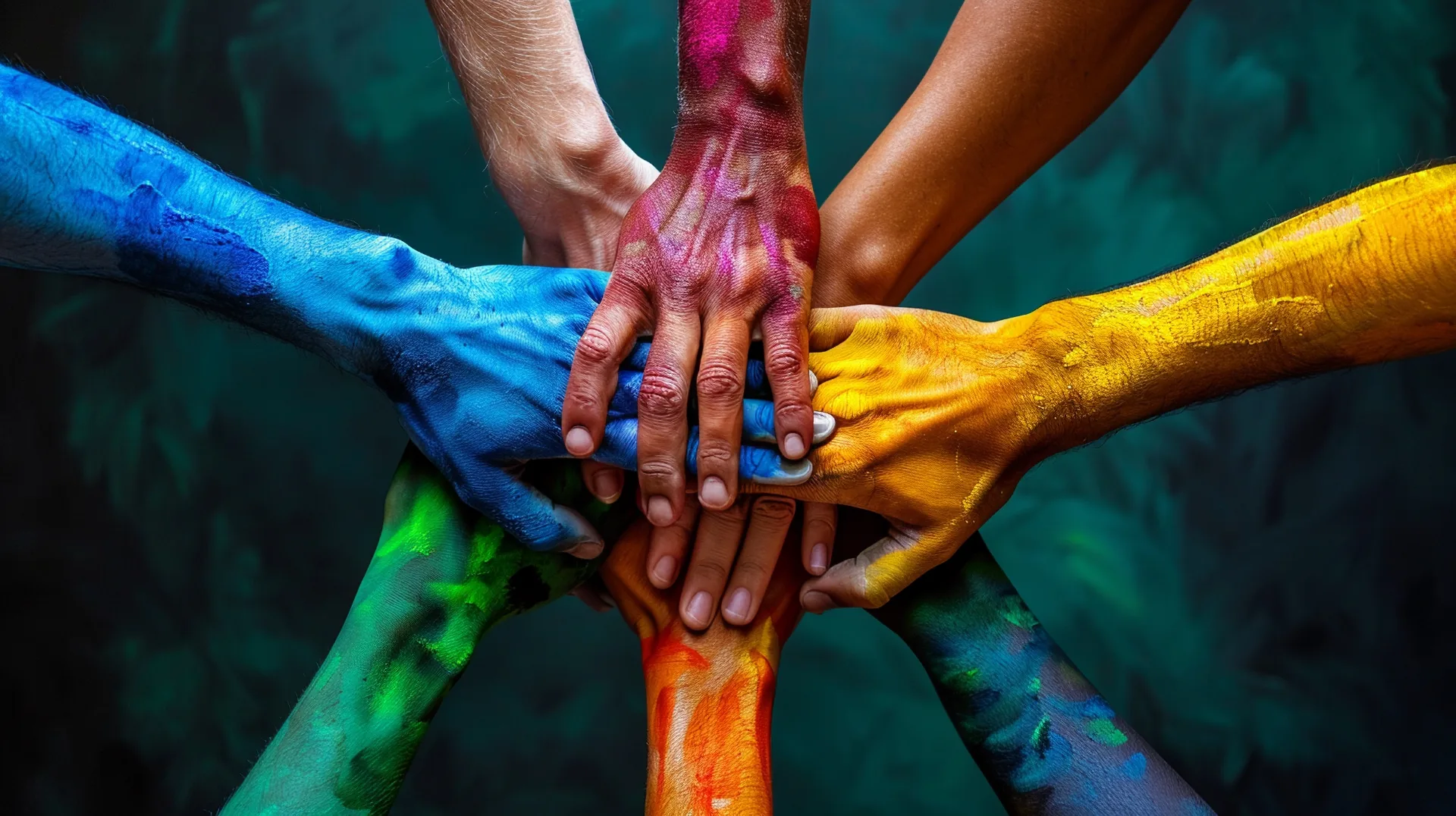 Stacked hands painted in vibrant rainbow colors